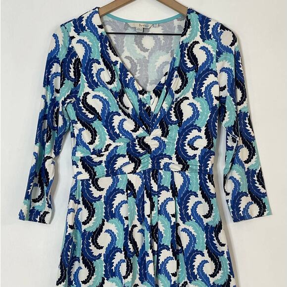 Boden Blue White Feather Printed Long Sleeve Ruched Waist Dress Women's Size 6 - Picture 4 of 9